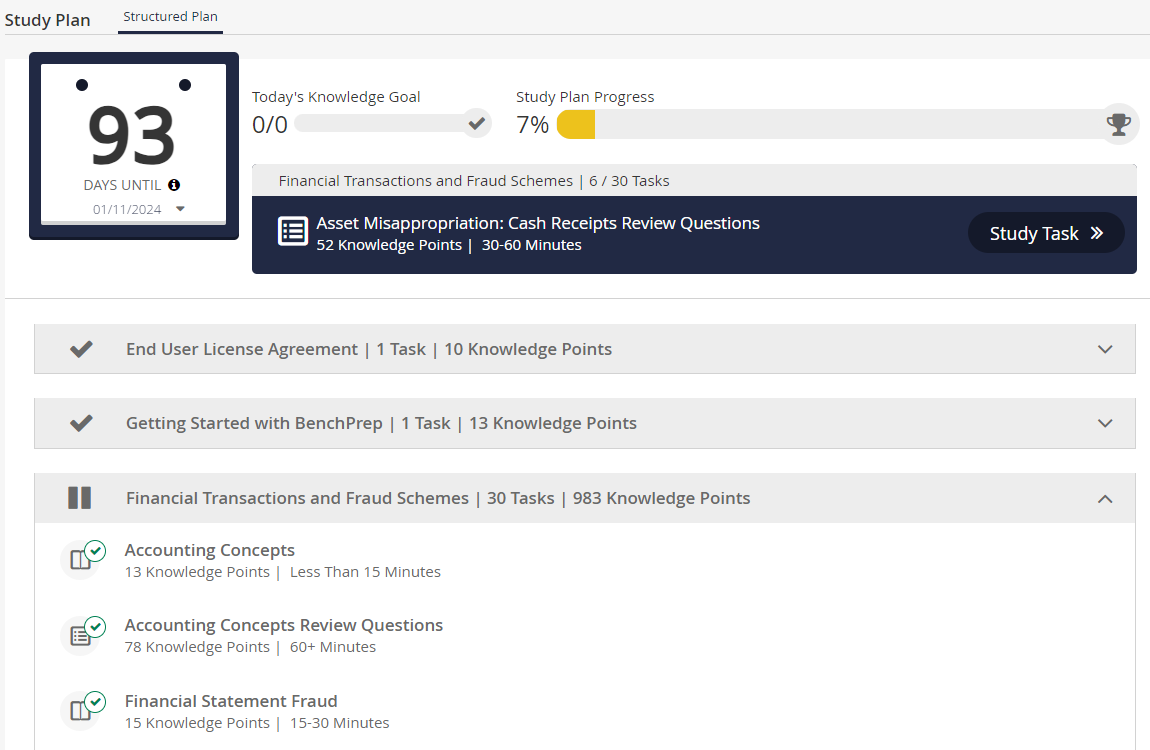 Screenshot of Prep Course Study Plan Screen