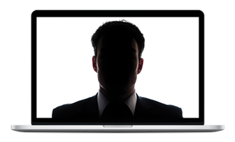 Laptop displaying an image of a man with his face covered in shadow