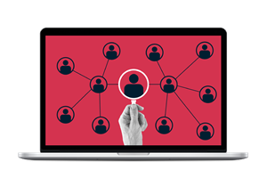 Laptop displaying and image of a magnifying glass over a web of circles