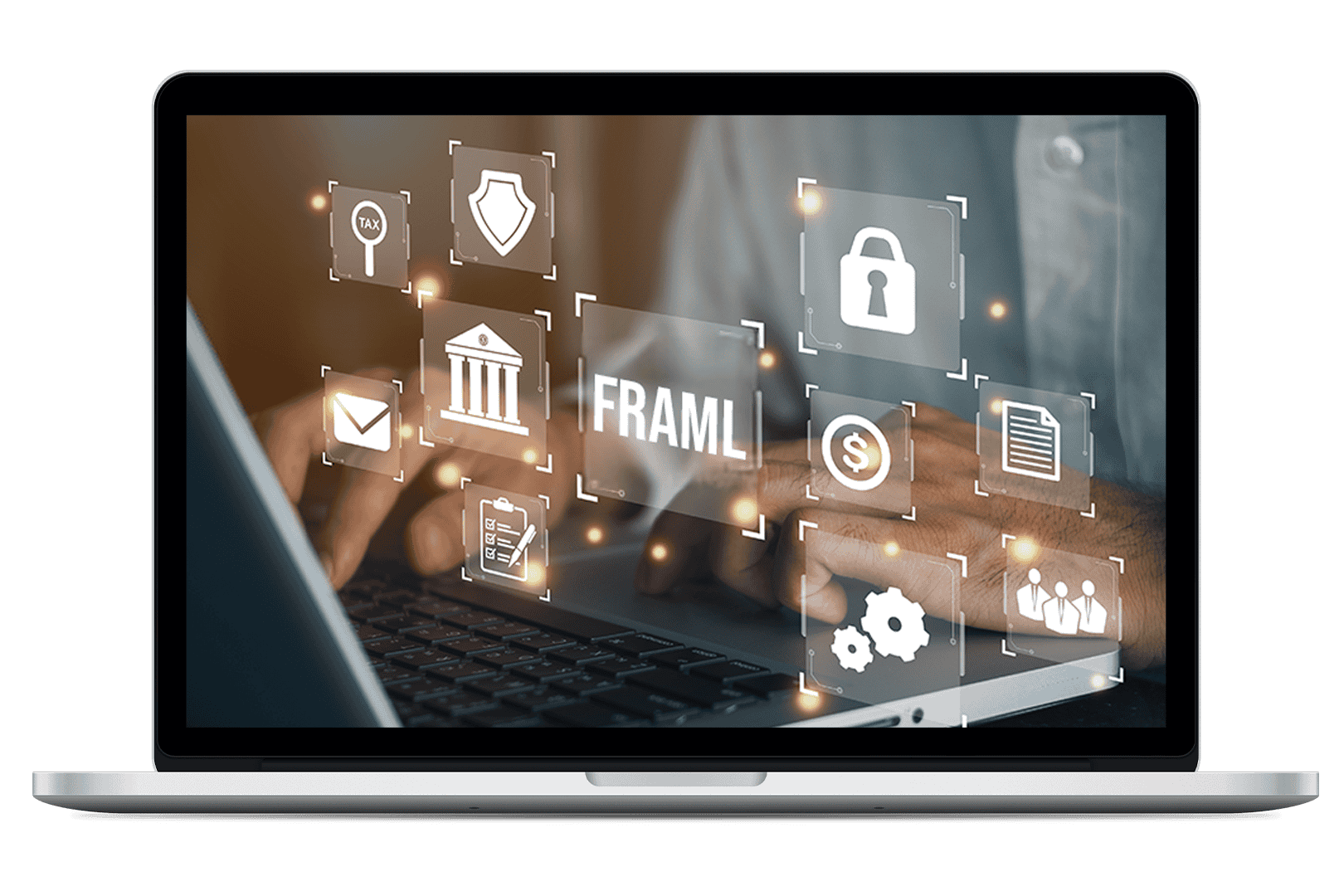 Laptop with illustration with hands typing on a keyboard with various symbols floating above them on the screen