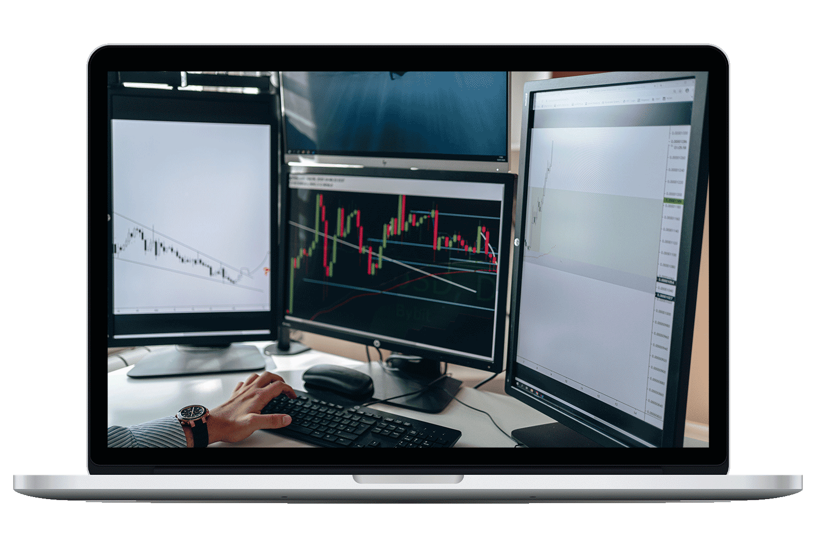 Image of laptop computer with multiple monitors displaying financial trading charts and market data, with a hand using a keyboard at a workstation
