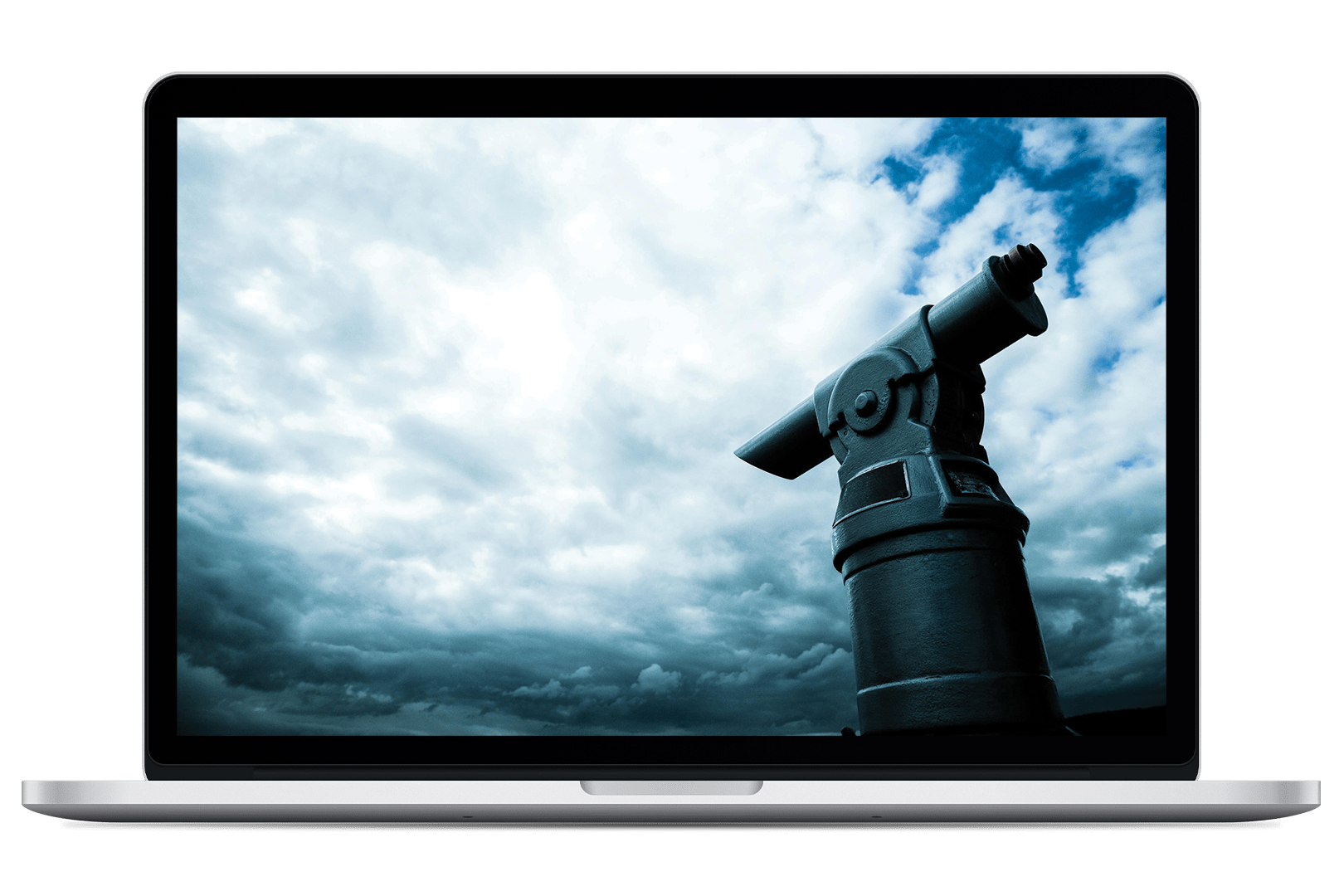 Image of laptop computer with a screen displaying a large fixed telescope pointed toward a cloudy sky.