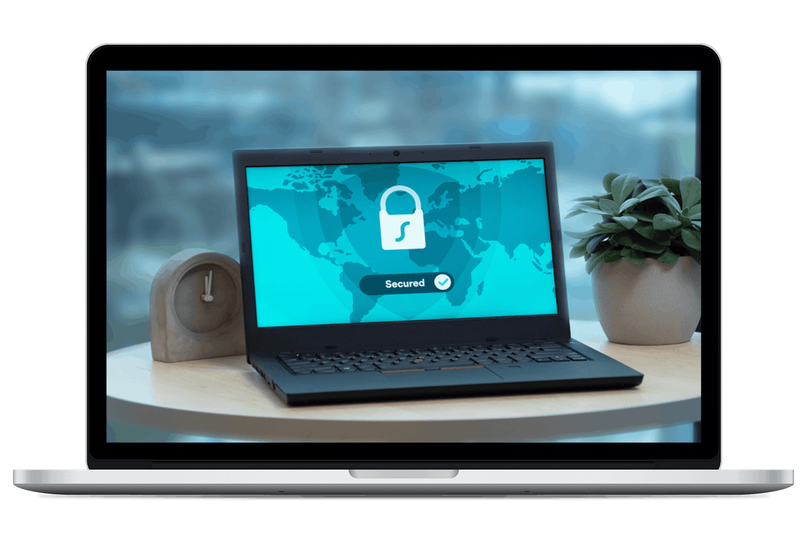 Image of laptop computer with a screen displaying a padlock icon over a world map and the word 'Secured,' representing cybersecurity and data protection.