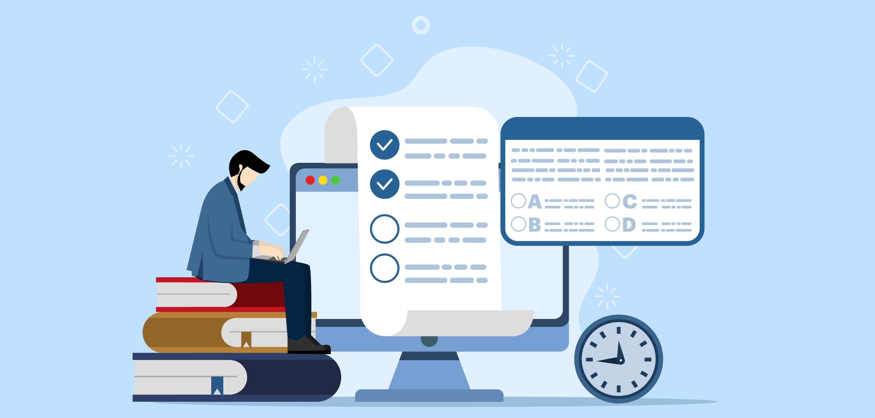 Graphic of person sitting on books taking a quiz.