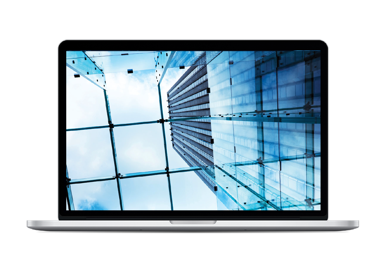 Laptop displaying an upward view of a tall office building